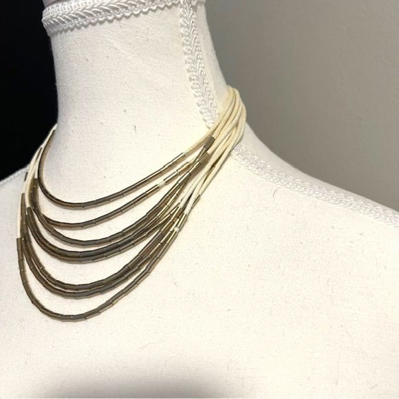 LOFT Ann Taylor Gold Tone Bar Beads Cream Multi Strand Choker Necklace - Picture 3 of 10